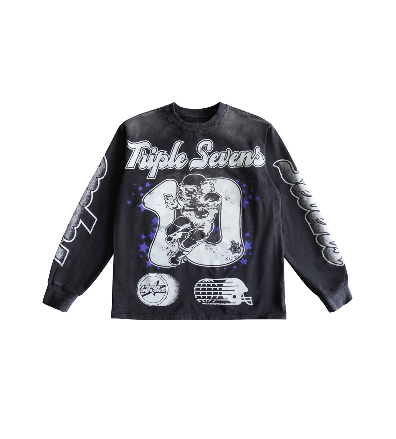 Triple 777 Black Football Crewneck Acid Wash