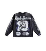 Triple 777 Black Football Crewneck Acid Wash