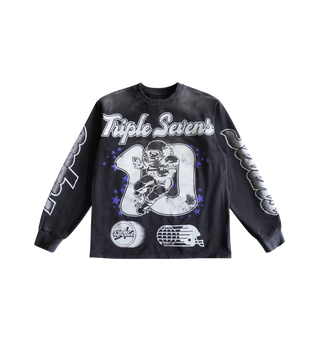 Triple 777 Black Football Crewneck Acid Wash